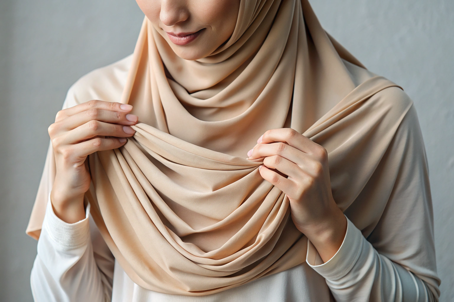 Eine Nahaufnahme von Händen, die einen weichen, fließenden Hijab in einer neutralen Farbe wie Beige sanft arrangieren, wobei die Textur des Stoffs und die Falten im Vordergrund stehen, vor einem schlichten Hintergrund ohne erkennbare Symbole