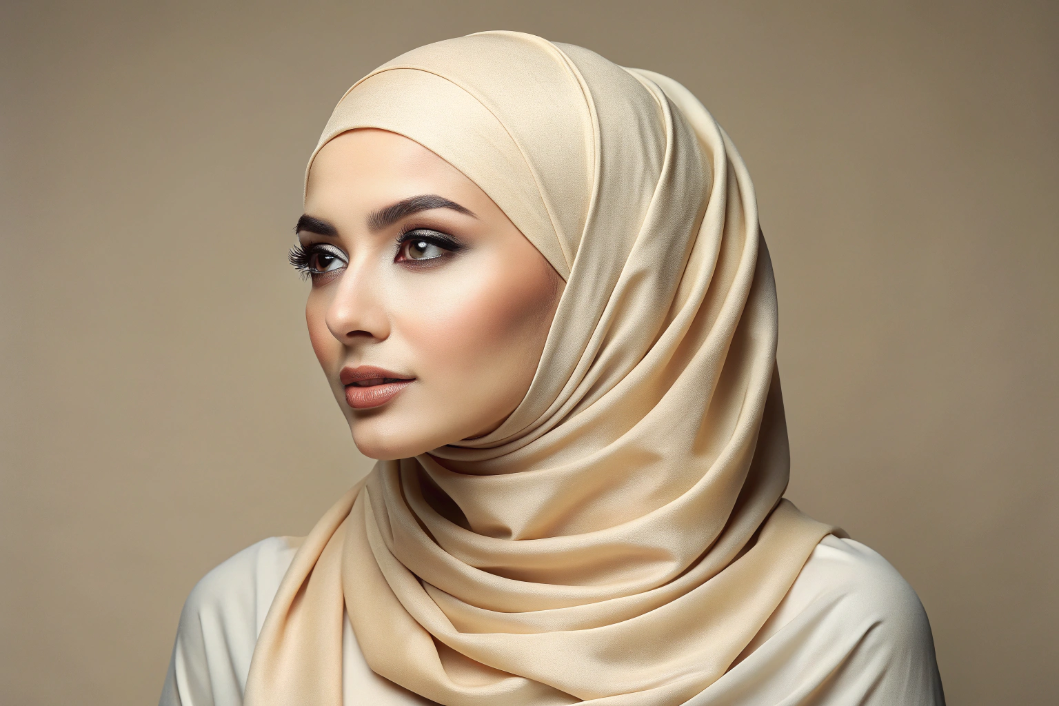 Ein cremefarbener Hijab aus weichem Stoff, kunstvoll um einen schlichten Kopf drapiert, mit sanften Falten und einem dezenten Glanz, vor einem neutralen Hintergrund