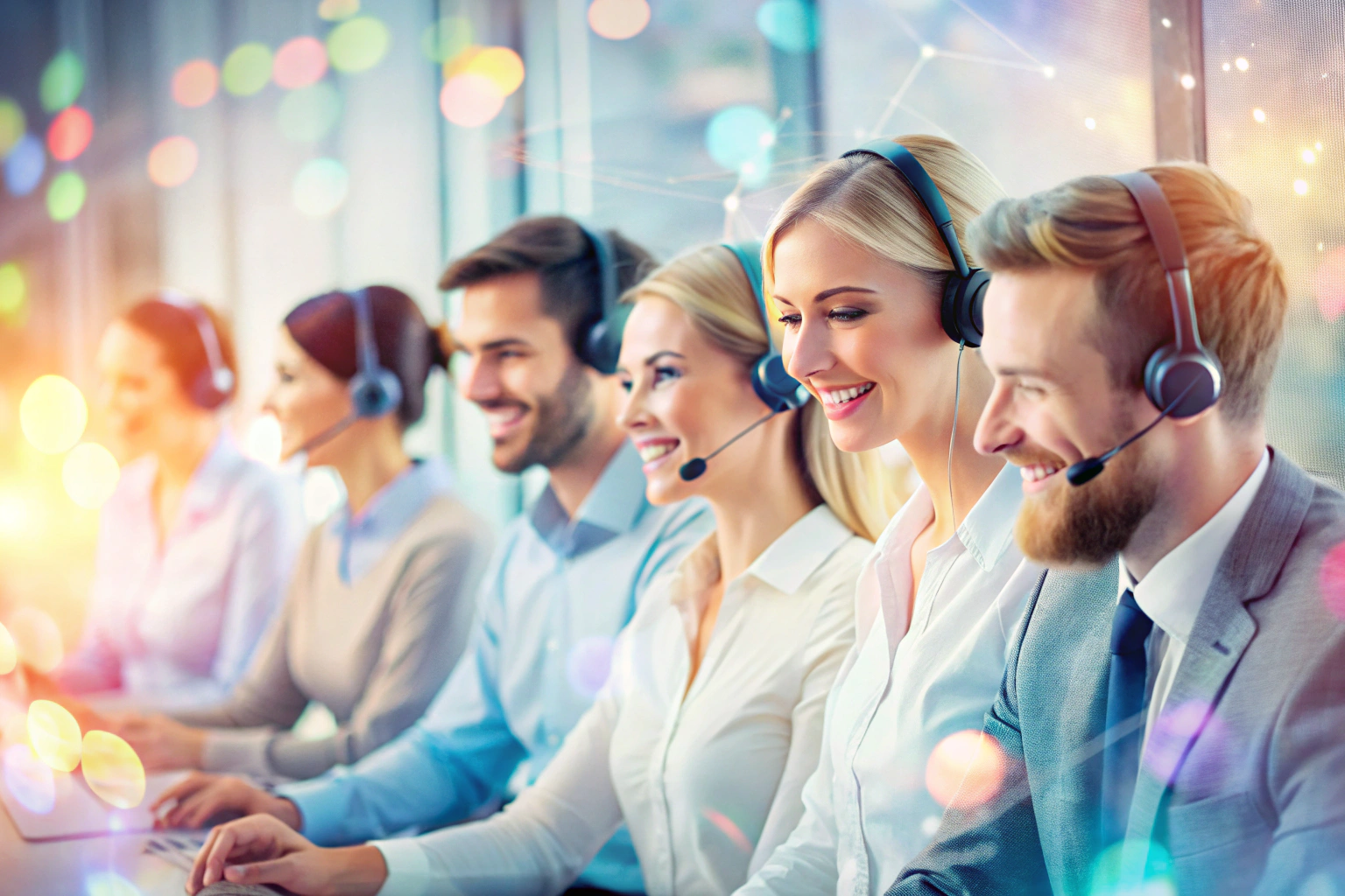 Abstract depiction of a friendly customer service interaction with soft colors and blurred figures representing communication and support