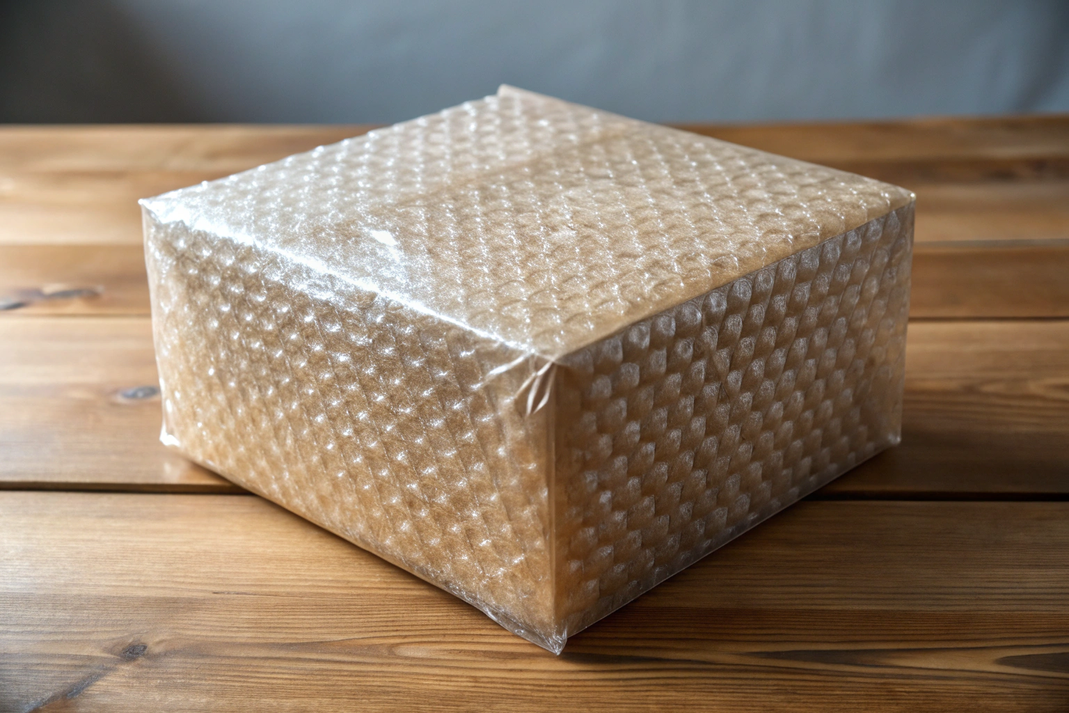 A neatly packaged cardboard box with bubble wrap, sitting on a wooden table in soft natural light, representing secure shipping
