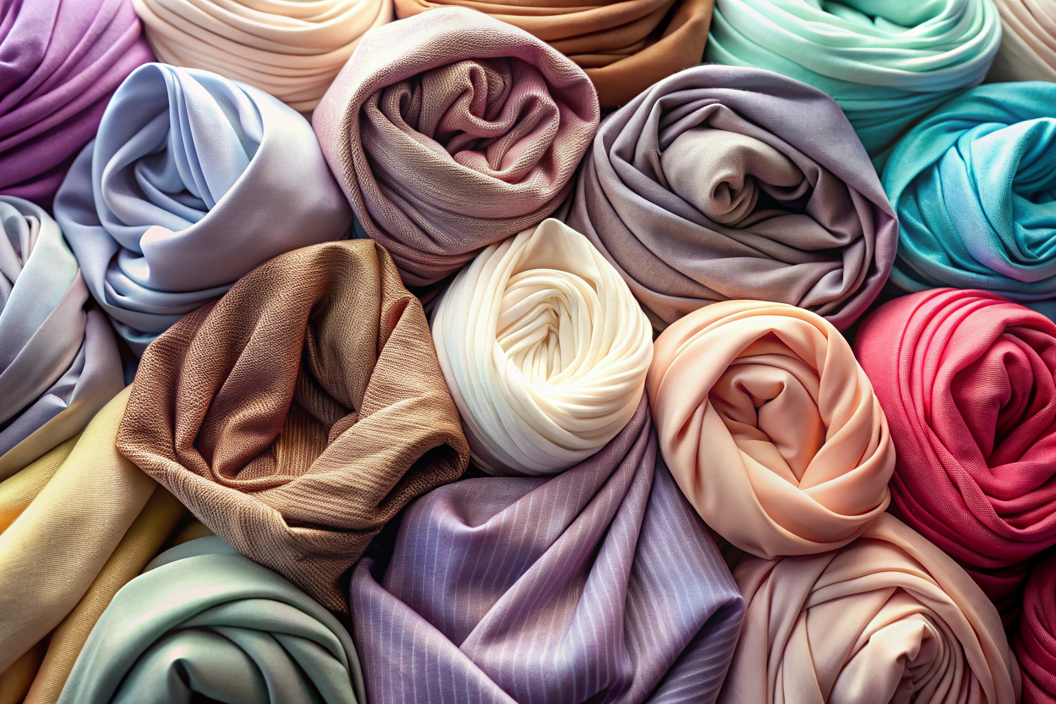 Detailaufnahme von verschiedenen Hijab-Stoffen in Falten gelegt, mit weichem Licht, das die Texturen von Baumwolle, Seide und Jersey hervorhebt