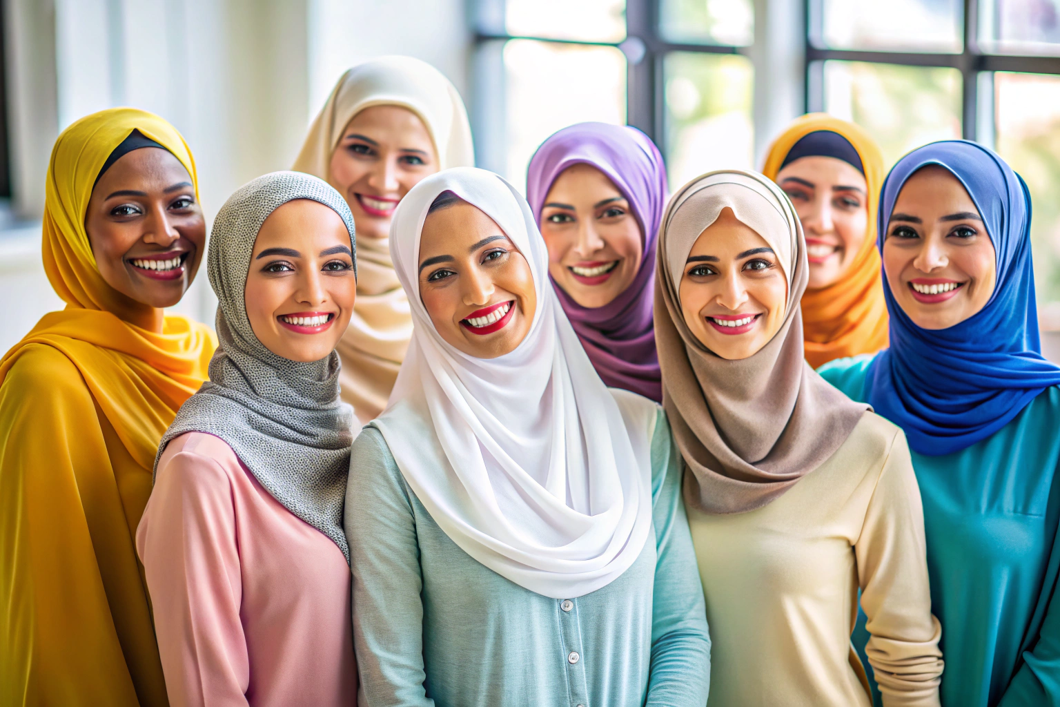 Eine Gruppe von Frauen verschiedener Hintergründe, die lächelnd in einem hellen Raum mit natürlichem Licht stehen, alle tragen elegante, farbenfrohe Hijabs, die harmonisch drapiert sind, um Gemeinschaft und Stil zu symbolisieren